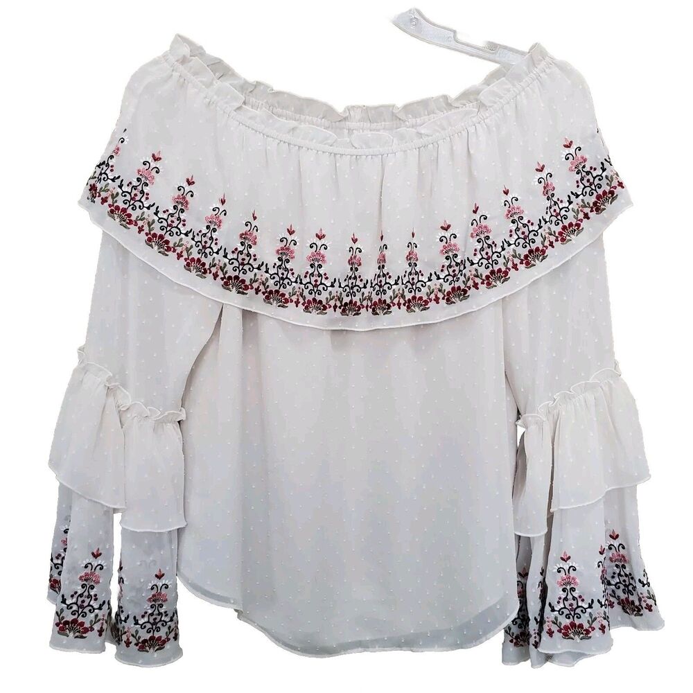 WHBM Off-White Embroidered Swiss Dot Off-Shoulder Bell Sleeve Peasant Blouse LGE